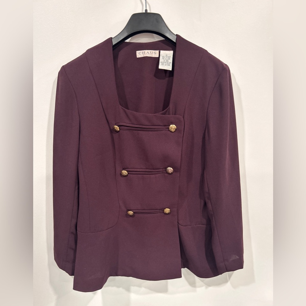 Chaus Double Breasted Deep Purple Blazer with gold filigree buttons.